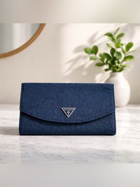Guess Navy Denim Envelope Clutch Triangle Logo Structured Evening Bag